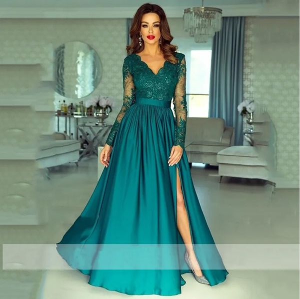 new evening dresses formal prom party gown a line v-neck long sleeve floor-length sweep train applique lace satin long split illusion, Black
new evening dresses formal prom party gown a line v-neck long sleeve floor-length sweep train applique lace satin long split illusion, Black