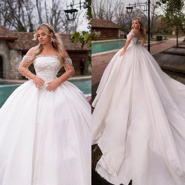 2022 long sleeves wedding dresses bridal ball gown beaded off the shoulder neckline chapel train tulle custom made plus size vestidos de nov, White
2022 long sleeves wedding dresses bridal ball gown beaded off the shoulder neckline chapel train tulle custom made plus size vestidos de nov, White