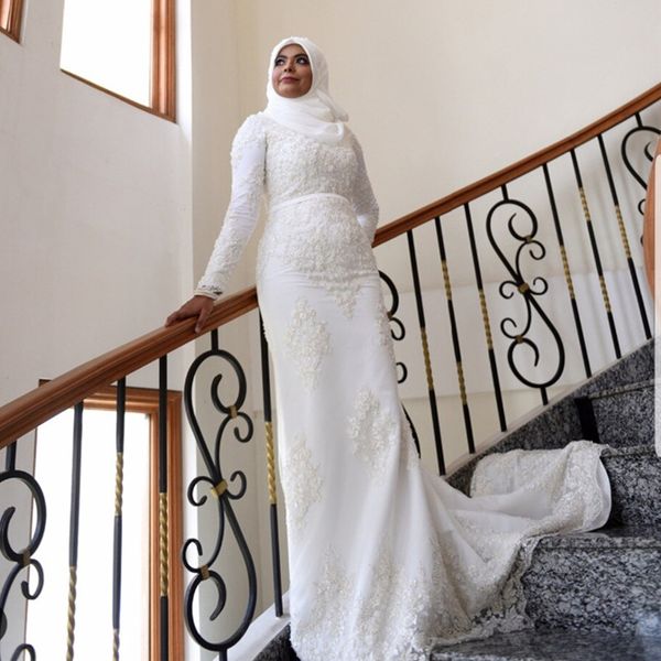 modest muslim mermaid wedding dresses bridal gowns long sleeves with lace appliques slim custom middle east custom robe de mariage, White
modest muslim mermaid wedding dresses bridal gowns long sleeves with lace appliques slim custom middle east custom robe de mariage, White