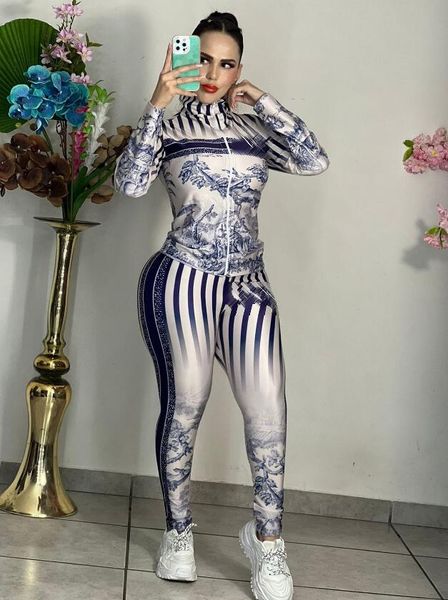 j2814 european american women's two-piece pants 2023 new casual fashion commuting print suit, White