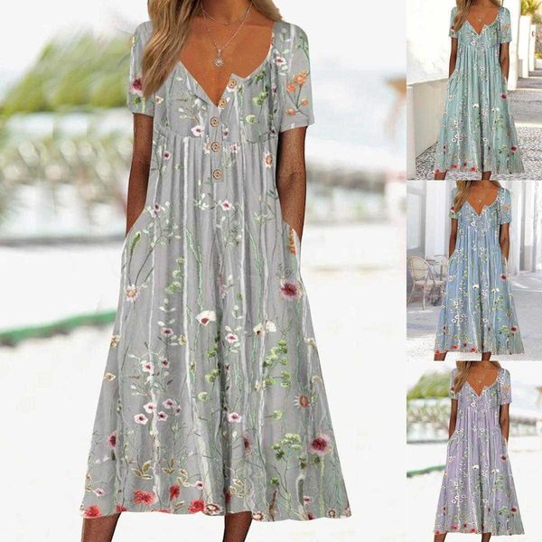 summer womens clothing casual floral dresses button round neck mid length, Black;gray
summer womens clothing casual floral dresses button round neck mid length, Black;gray
