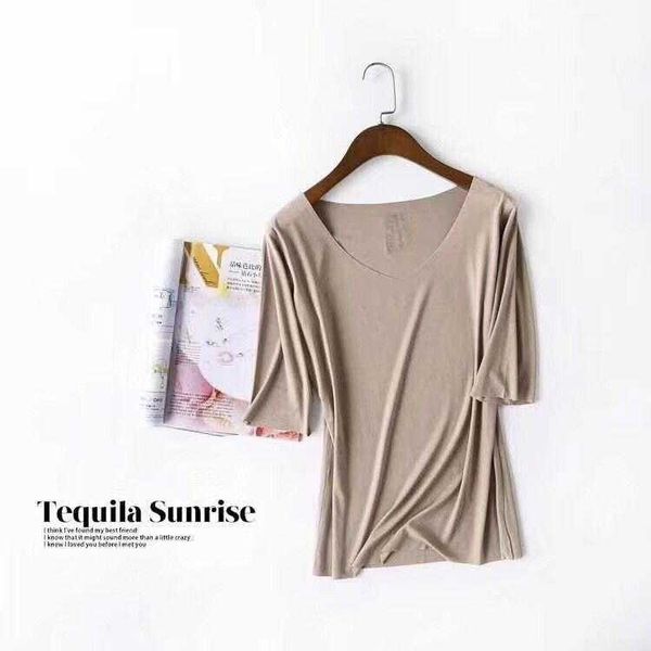 summer korean style blouses fifth sleeve v neck womens t shirt bottoming, White 
summer korean style blouses fifth sleeve v neck womens t shirt bottoming, White