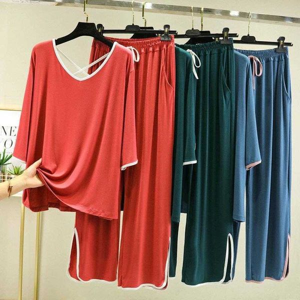 modal pajamas womens summer large size loose v neck thin section can be outerwear 
modal pajamas womens summer large size loose v neck thin section can be outerwear