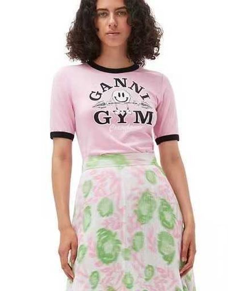 23ss ganni women designer t shirt fashion smiling pink print letter round neck casual versatile tees, White
23ss ganni women designer t shirt fashion smiling pink print letter round neck casual versatile tees, White