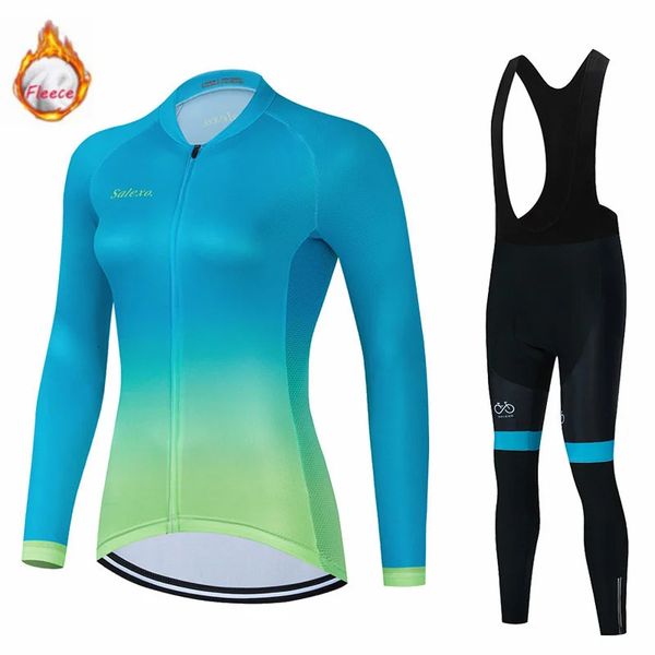 Image of Cycling Jersey Sets Women Winter Thermal Fleece Clothing Long Sleeve Suit Triathlon Outdoor Riding Bike MTB Set 231102
