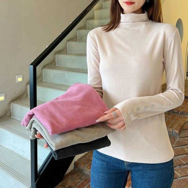 half turtleneck plus velvet thick t shirt cuff button elegant bottoming womens, White
half turtleneck plus velvet thick t shirt cuff button elegant bottoming womens, White
