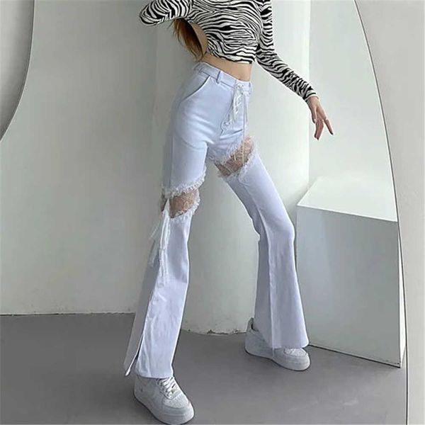 lace stitching hollow out side slit bandage high waist flared jeans slim gothic punk streetwear denim pants trouser, Blue
lace stitching hollow out side slit bandage high waist flared jeans slim gothic punk streetwear denim pants trouser, Blue
