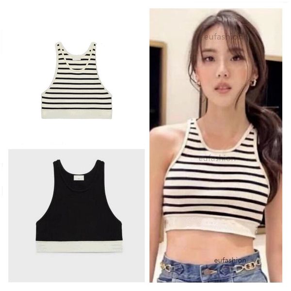 Image of Women Crop Top Tanks Camis Mesh Sports Female Femme Knits Tee Bra Summer Stripe Designer Embroidery Knitted Vest Sport Tank Top Breathable Yoga Vest Tops