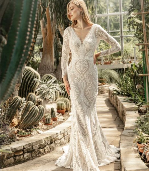 2023 bohemian lace mermaid wedding dresses long sleeves beach bridal gowns v-neck open back summer bride wear custom made, White
2023 bohemian lace mermaid wedding dresses long sleeves beach bridal gowns v-neck open back summer bride wear custom made, White