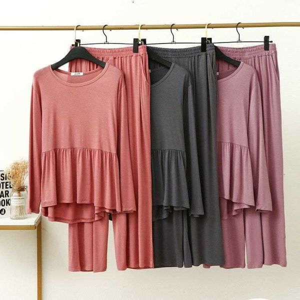 modal cotton ruffled long sleeved pajamas loose wide leg pants leisure suit 
modal cotton ruffled long sleeved pajamas loose wide leg pants leisure suit