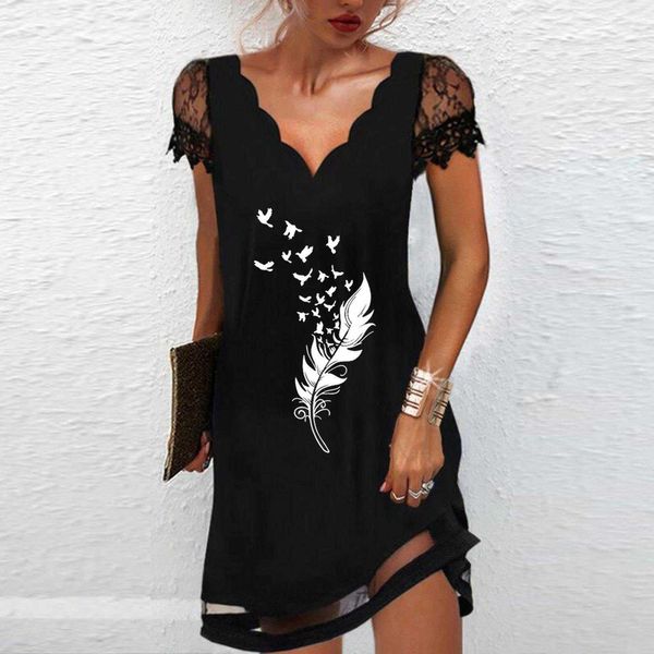 autumn urban skirt heat transfer patch printed female wave v neck lace short, Black