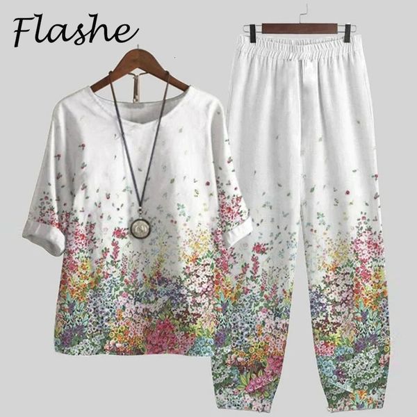 women's two piece pants summer casual two piece set women elegant o neck flower print loose t shirt high waist loose pants suit female, White
women's two piece pants summer casual two piece set women elegant o neck flower print loose t shirt high waist loose pants suit female, White