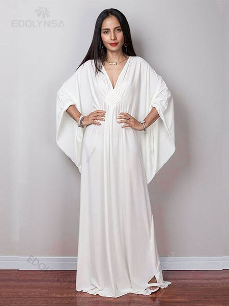 women's swimwear solid v-neck batwing sleeve plus size loose maxi dress for women summer beach wear kaftan long bathing suit cover up q, White;black
women's swimwear solid v-neck batwing sleeve plus size loose maxi dress for women summer beach wear kaftan long bathing suit cover up q, White;black