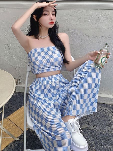 women s two piece pants summer fashion casual plaid 2 set women strapless crop wide leg suits female outfits for woman 230403, White
women s two piece pants summer fashion casual plaid 2 set women strapless crop wide leg suits female outfits for woman 230403, White