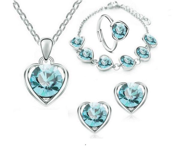 5 sets/lot heart-shaped necklace ear studs bracelet ring 4pcs sets inlaid rhinestone crystal twinkle decorate adjeustable length valentine&#, Silver
5 sets/lot heart-shaped necklace ear studs bracelet ring 4pcs sets inlaid rhinestone crystal twinkle decorate adjeustable length valentine&#, Silver