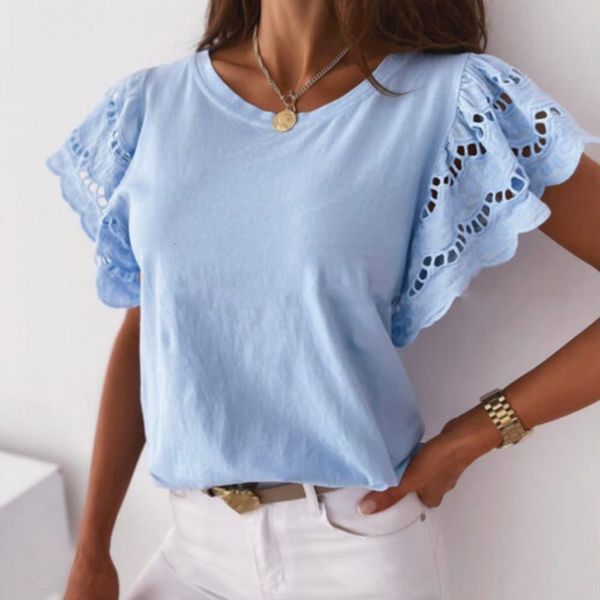 women s t shirt summer women hollow out stitching casual o neck ruffle short sleeve elegant white black clothing 230403
women s t shirt summer women hollow out stitching casual o neck ruffle short sleeve elegant white black clothing 230403
