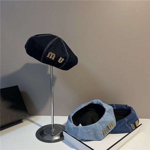 women spring summer designer beret fashion holiday travel breathable denim material crystal letter embroidery hat, Blue;gray
women spring summer designer beret fashion holiday travel breathable denim material crystal letter embroidery hat, Blue;gray