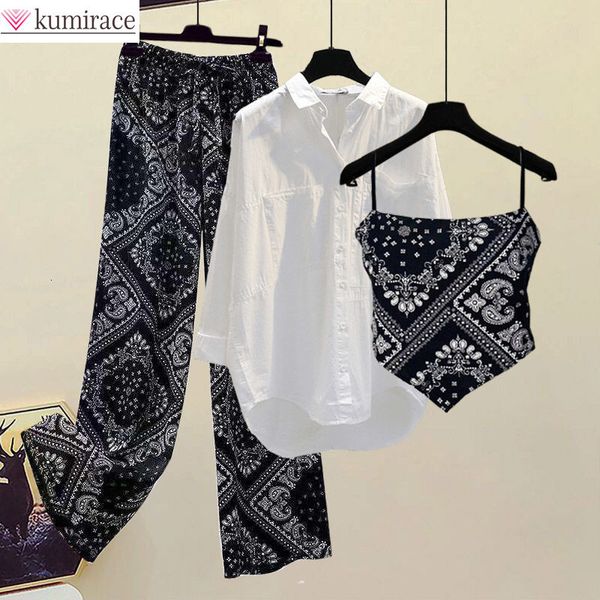 women s two piece pants summer retro printed wide leg trousers white shirt vest suspender three elegant set female blouse 230403
women s two piece pants summer retro printed wide leg trousers white shirt vest suspender three elegant set female blouse 230403