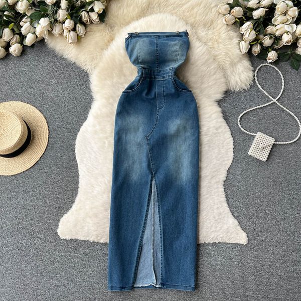 spring/summer off shoulder bra denim dress temperament wrapped waist split retro wrapped hip dress, Black;gray
spring/summer off shoulder bra denim dress temperament wrapped waist split retro wrapped hip dress, Black;gray