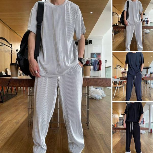 

Mens Tracksuits Summer Track and Field Suit Mens Solid Ice Silk Dress Short Sleeve Top Pants Relaxed Sportswear Casual Wear ropa hombre 230403, Bn