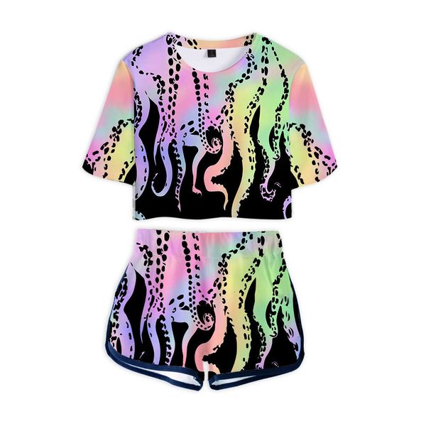women's two piece pants ocean multi tentacled fish series navel short sleeved t shirt shorts suit summer morning training clothes 23040, White
women's two piece pants ocean multi tentacled fish series navel short sleeved t shirt shorts suit summer morning training clothes 23040, White