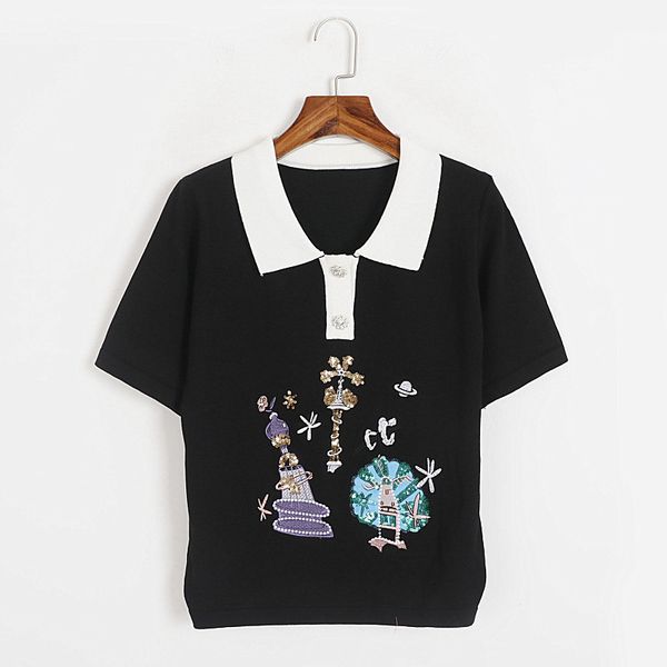 329 2023 summer brand same style sweater short sleeve black white sequins lapel neck pullover fashion womens clothes womens dl, White;black
329 2023 summer brand same style sweater short sleeve black white sequins lapel neck pullover fashion womens clothes womens dl, White;black
