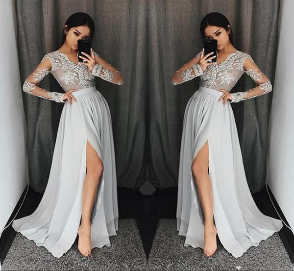 2019 silver gray split prom dresses long sleeves fashion lace appliques v neck chiffon plus size formal evening prom party go2424089, Black
2019 silver gray split prom dresses long sleeves fashion lace appliques v neck chiffon plus size formal evening prom party go2424089, Black
