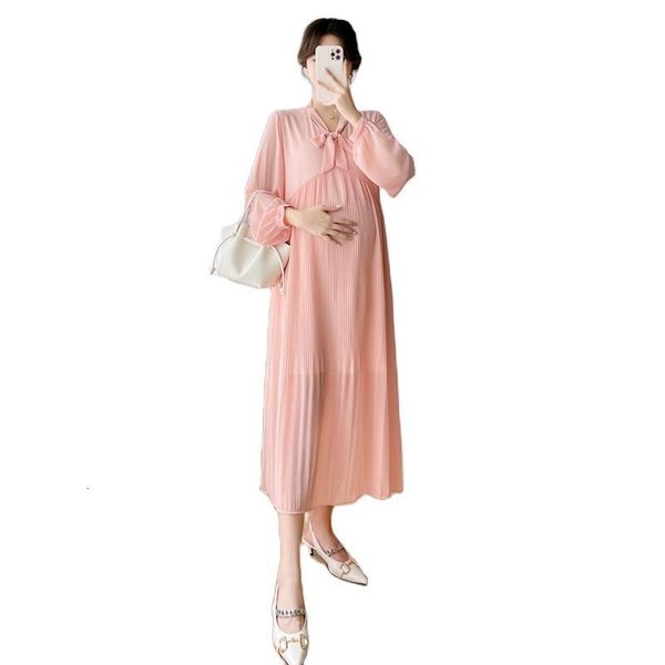 es trend pregnant women's spring wear long sleeved pleated dress with block color patchwork neckline pregnant women's chiffon loos, White 
es trend pregnant women's spring wear long sleeved pleated dress with block color patchwork neckline pregnant women's chiffon loos, White