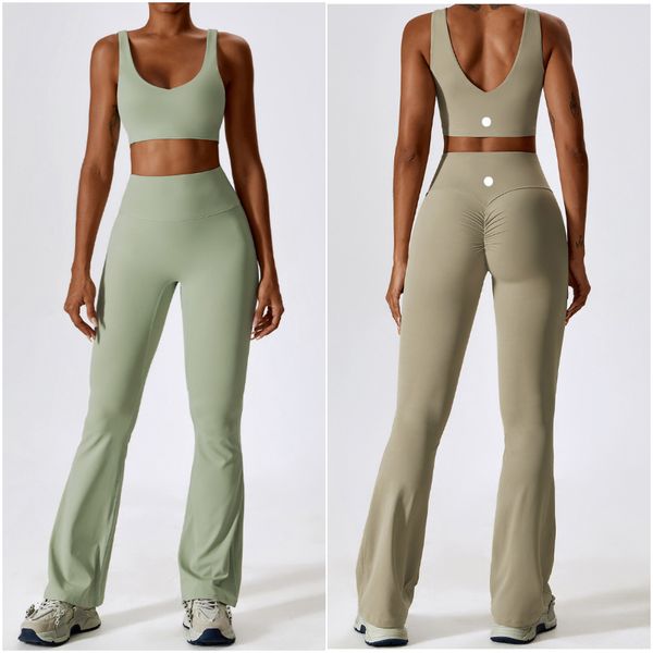 

LL8232 Women Yoga Outfit Set Two Piece Vet Sleevele Top Pant Bell-bottom Trouer Excerie Sport Gym Running Long Pant Elatic High Wait Sportwear, Lightgreen