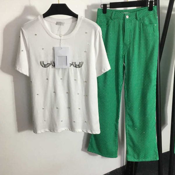 23ss designer womens two piece pants nail drill embroidered monogram short sleeve t-shirt drill striped high waist wide leg trousers women c, White
23ss designer womens two piece pants nail drill embroidered monogram short sleeve t-shirt drill striped high waist wide leg trousers women c, White