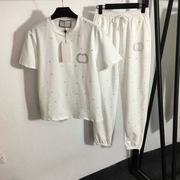 23ss womens tracksuits designer womens two piece whole body drill wave point short sleeve t-shirt elastic waist binding feet casual pants se, White
23ss womens tracksuits designer womens two piece whole body drill wave point short sleeve t-shirt elastic waist binding feet casual pants se, White