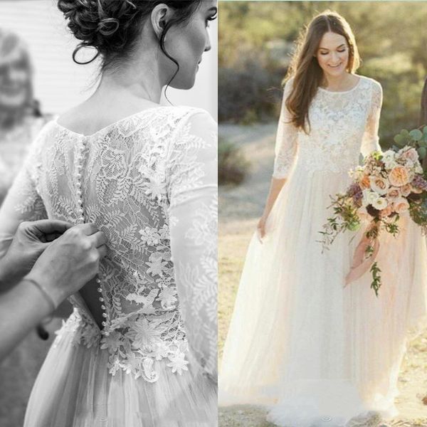 bohemian lace a-line wedding dresses with 3/4 long sleeves floor length tulle country bridal gowns summer beach bride vestido de novia 2023, White
bohemian lace a-line wedding dresses with 3/4 long sleeves floor length tulle country bridal gowns summer beach bride vestido de novia 2023, White
