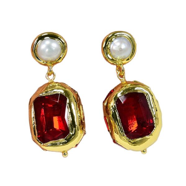 red crystal glass cultured white pearl gold plated edge paved nugget dangle stud earrings handmade lady jewelry gifts, Silver
red crystal glass cultured white pearl gold plated edge paved nugget dangle stud earrings handmade lady jewelry gifts, Silver