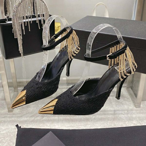 high heeled shoes, high-end brand designer 2023, black pointed golden iron chain woven thin heel fairy women's shoes
high heeled shoes, high-end brand designer 2023, black pointed golden iron chain woven thin heel fairy women's shoes