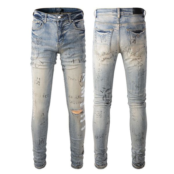 

Fashion High street spray paint dazzle letters straight elastic zipper fly washed ripped jean, Blue