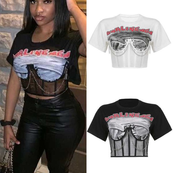 2023 summer t shirt new fashion irregular mesh splice letter print short sleeve chain t-shirt top, White
2023 summer t shirt new fashion irregular mesh splice letter print short sleeve chain t-shirt top, White
