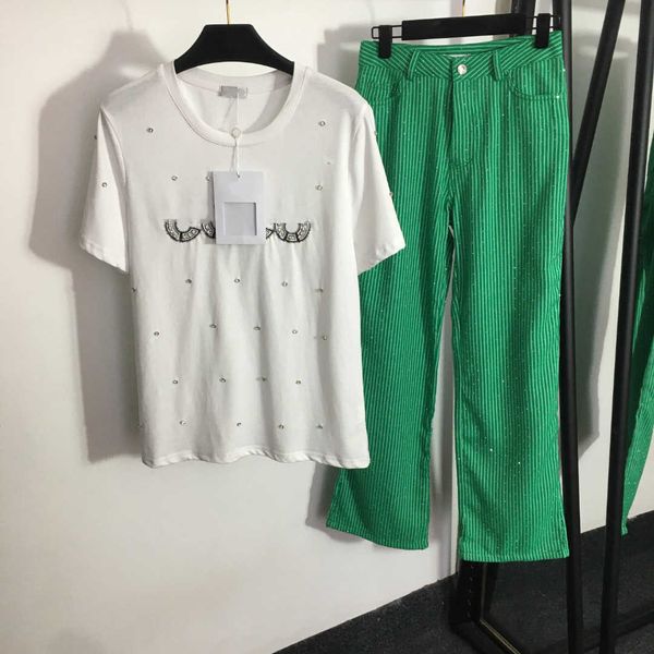 23ss designer womens two piece pants nail drill embroidered monogram short sleeve t-shirt drill striped high waist wide leg trousers women c, White
23ss designer womens two piece pants nail drill embroidered monogram short sleeve t-shirt drill striped high waist wide leg trousers women c, White