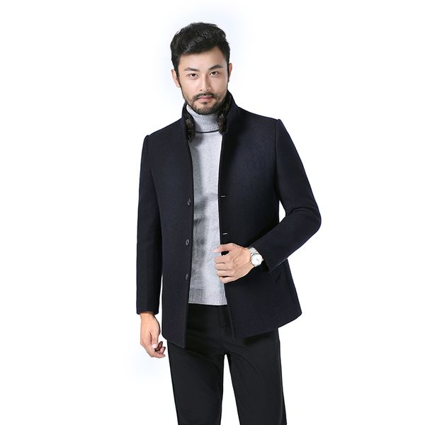 men's mid-length windbreaker with stand collar in spring and autumn, non-cashmere wool coat, large size, Black