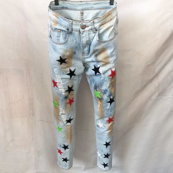 men's pants fall multicolored leather star patchwork ripped hole design stretchy jean hip hop style trouser for men panel s males 23040, Black
men's pants fall multicolored leather star patchwork ripped hole design stretchy jean hip hop style trouser for men panel s males 23040, Black