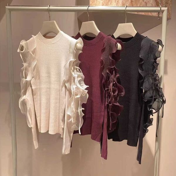 kuzuwata sweet fairy ruffled lace up off shoulder pull femme slim knit patchwork sweaters 2023 japan new autumn winer jumpers, White;black
kuzuwata sweet fairy ruffled lace up off shoulder pull femme slim knit patchwork sweaters 2023 japan new autumn winer jumpers, White;black