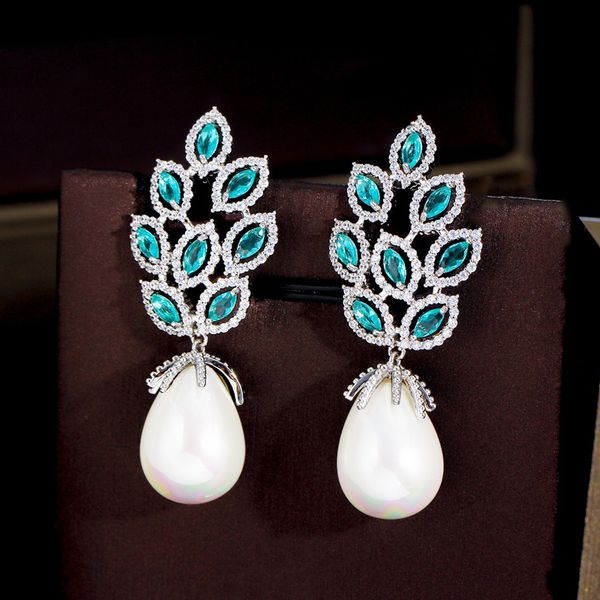dangle chandelier cwwzircons light blue cubic zirconia crystal leaf pendant large pearl pendant women's party earrings accessories cz46, Silver
dangle chandelier cwwzircons light blue cubic zirconia crystal leaf pendant large pearl pendant women's party earrings accessories cz46, Silver