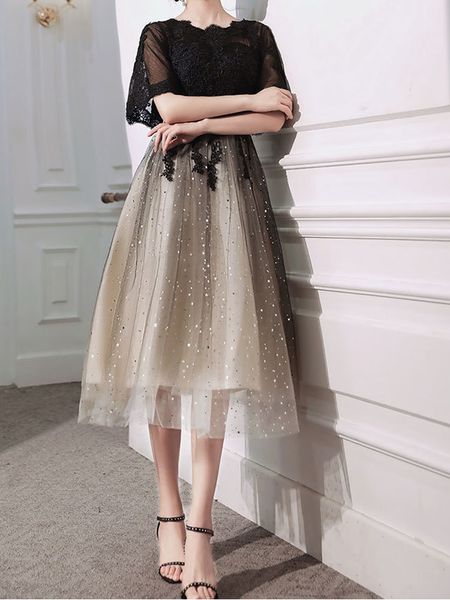 elegant mother of the bride dresses tea length party dress tulle with floral applique beads, Black;red
elegant mother of the bride dresses tea length party dress tulle with floral applique beads, Black;red