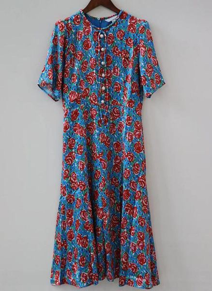 women bow rose print waist retraction a-line dress silk, Black;gray 
women bow rose print waist retraction a-line dress silk, Black;gray