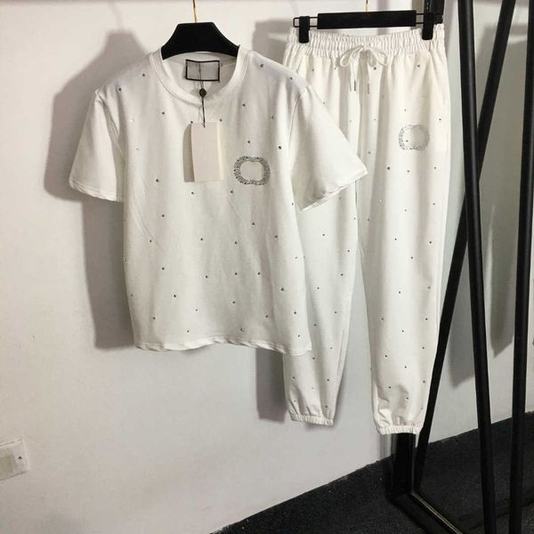 23ss womens tracksuits designer womens two piece whole body drill wave point short sleeve t-shirt elastic waist binding feet casual pants se, White
23ss womens tracksuits designer womens two piece whole body drill wave point short sleeve t-shirt elastic waist binding feet casual pants se, White