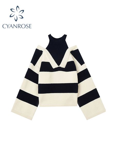 women's sweater striped fake two pieces off shoulder slash neck pullover s trendy autumn winter chic knitwear 230403, White;black
women's sweater striped fake two pieces off shoulder slash neck pullover s trendy autumn winter chic knitwear 230403, White;black