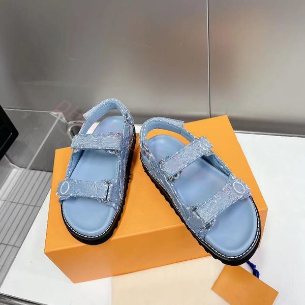 Image of 2023 Top Designer Women Sandals Peseo COMFORT Flat Shoes womens Loafers Summer Outside Pool Platform Slides Shoes With Buckle Leather Denim Blue slippers
