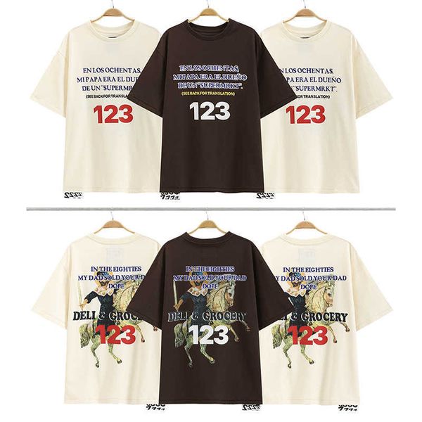 

Fashion ESS Designer T-shirt Rrr123 22ss Knight letter printing washed and made old meichaogao street summer round neck loose short sleeve, Brown