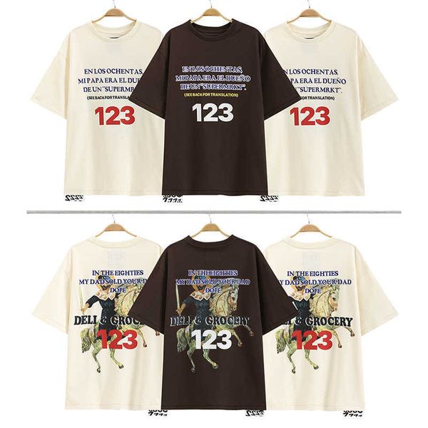 

Fashion ESS Designer T-shirt Rrr123 22ss Knight letter printing washed and made old meichaogao street summer round neck loose short sleeve, Brown