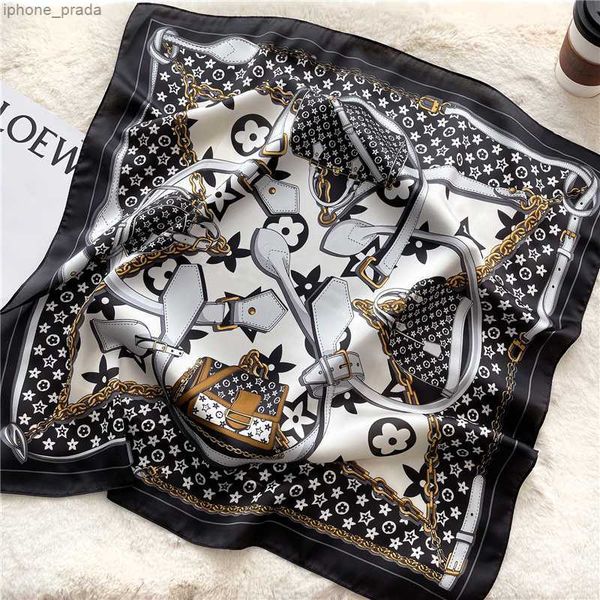 20style 70-70cm designer letters chain print floral silk scarf for women luxury classic handle bag ribbon scarves paris shoulder tote luggag, Blue;gray