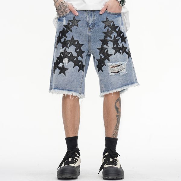pu leather embroidery hole washed jeans shorts men's straight baggy denim five point pants
pu leather embroidery hole washed jeans shorts men's straight baggy denim five point pants